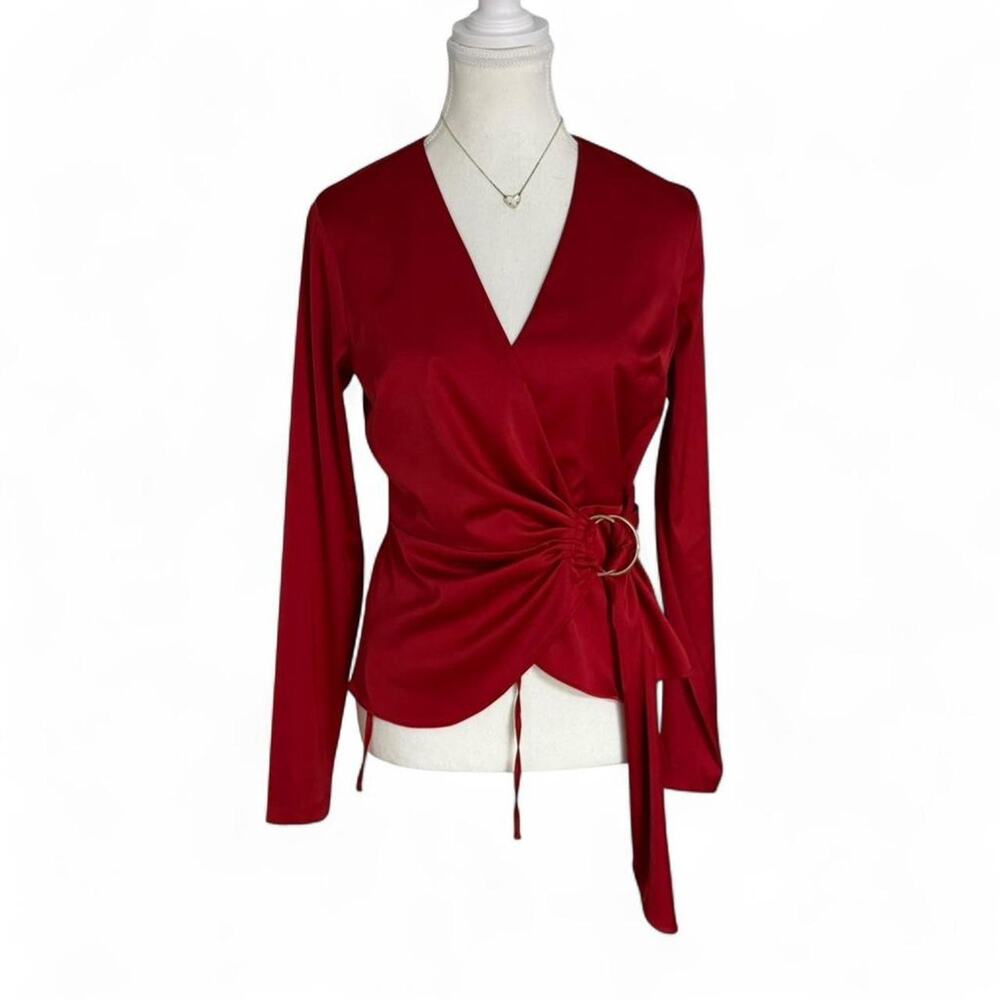 INC Red Satin Wrap Top With Tie + Buckle Detail NWT Size XS Office Siren Classy - Picture 1 of 5